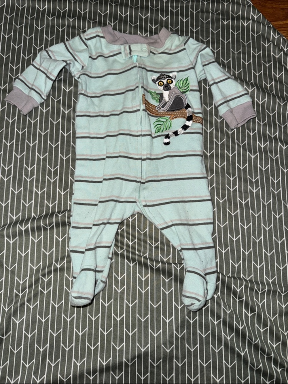 Striped Mint Baby Footed One-Piece with Lemur Appliqué